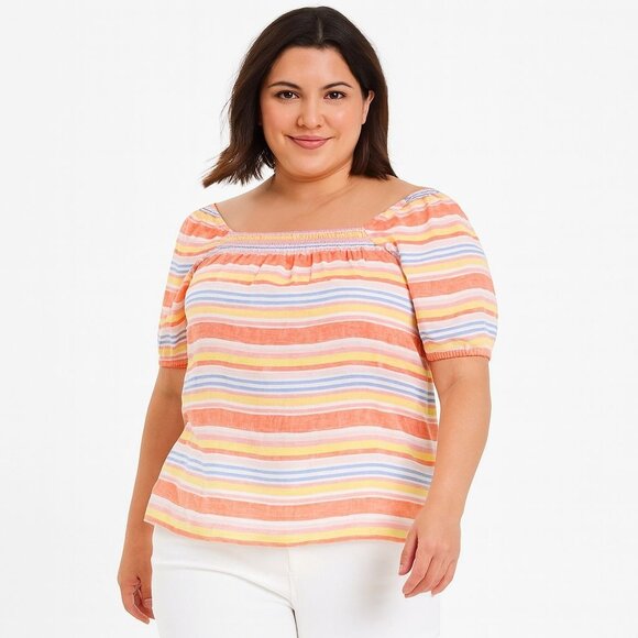 Talbots Womens Square Neck Linen Top Palm Stripe Multicolor Smocked Petite Mp - Picture 1 of 11